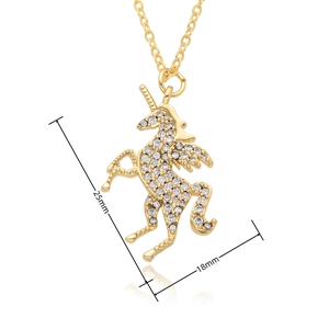 Detailed close-up of golden unicorn pendant with white zircon stones and size markers