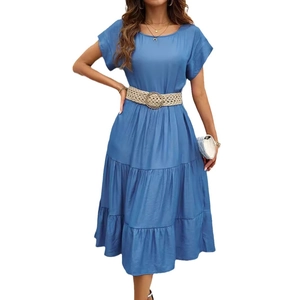 Blue crew neck short sleeve tiered midi dress with a cream woven belt for summer