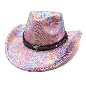 Close-up of rainbow snake print cowboy hat with metallic bull head leather band