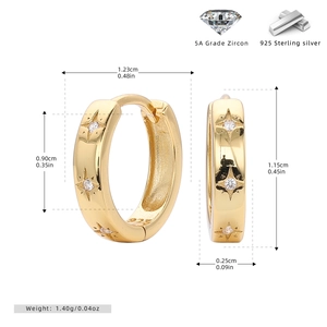 Detailed dimensions of S925 sterling silver star hoop earrings with sparkling zircon stones
