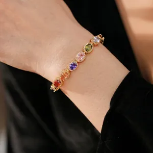 Vintage gold-plated oval link bracelet with colorful zircons and pavé-set crystals