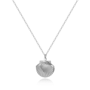 Detailed view of silver shell locket necklace with ribbed texture and opening hinge