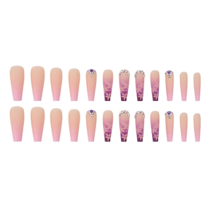 Gradient pink and purple coffin press-on nails with floral patterns and rhinestones