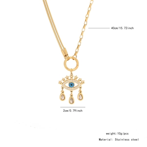 Detailed dimension guide for gold stainless steel evil eye necklace with long tassels