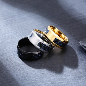 8mm stainless steel rings for men with blue carbon fiber inlay in black, gold, and silver
