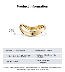 Detail view of 925 sterling silver wavy bean ring with 18K gold plating and measurements