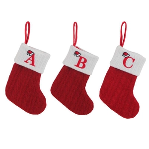 Classic red knitted Christmas stockings with alphabet A, B, C embroidery and Santa hats