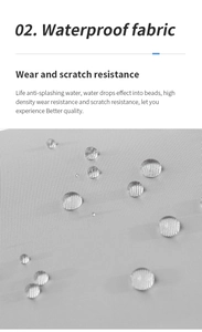 Close-up of waterproof and scratch-resistant grey fabric with water droplets