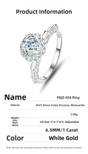 Detailed spec sheet for 1ct moissanite S925 silver ring showing weight and dimensions