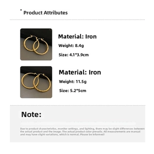 Detail specifications of golden striped hoop earrings in two sizes showing dimensions and weight