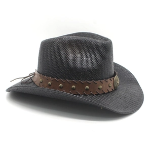 Classic Western straw cowboy hat in dark brown with studded faux leather band