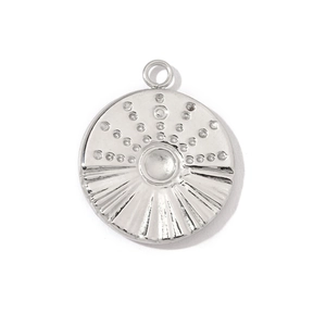 Polished silver stainless steel round compass charm pendant with sunburst design details