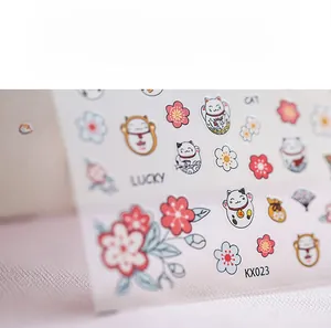 Detail of 5D waterproof nail stickers featuring lucky cats and cherry blossoms KX023