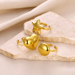 Three-piece gold stainless steel adjustable ring set with heart and star geometric shapes
