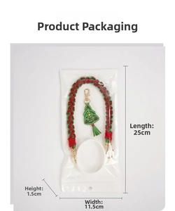 Christmas-themed woven cup lanyard with tree charm in retail OPP bag packaging