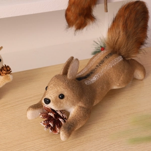 Macro detail of a brown flocked squirrel figurine holding a natural pine cone on wood