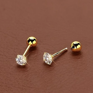 Gold stainless steel stud earrings with brilliant round white zircon and screw back closure