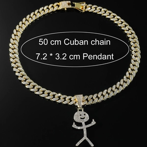 Golden hip hop Cuban chain with iced-out stickman pendant and sparkling crystals