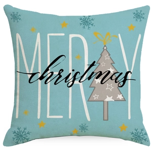 Housse de coussin Noël en lin bleu avec texte Merry Christmas et sapin de Noël gris