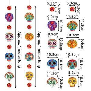 Day of the Dead colorful skull banner decoration with flowers, 1 meter hanging length