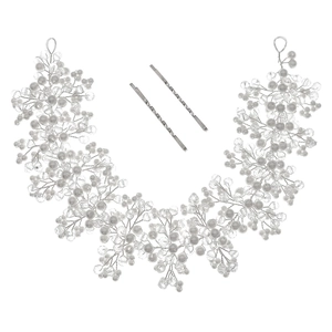 Elegant bridal headband with white faux pearls and clear crystals for wedding hairstyles
