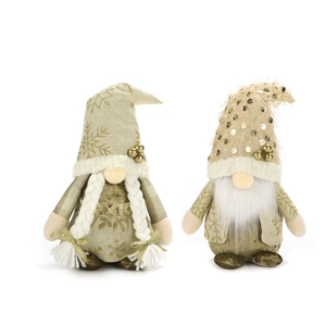 Pair of plush Christmas gnomes with golden snowflake hats and sequin holiday decorations