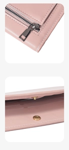 Detailansicht der rosa PU-Geldbörse mit Reißverschluss und Metall-Druckknopfverschluss