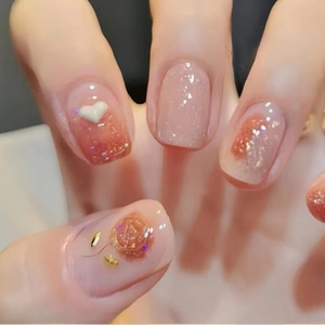 Press On Nails Short Square Gradient Pink With Rose Heart Glitter Elegant Sweet Manicure For Women