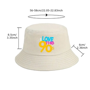 90s nostalgic bucket hat in beige with retro print and detailed size specifications