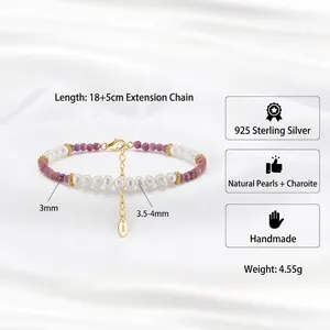 Elegant 925 sterling silver bracelet with natural baroque pearls and purple mica stones