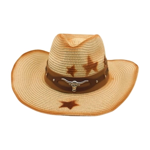 Straw cowboy sun hat with brown star prints and a metal longhorn cattle head emblem