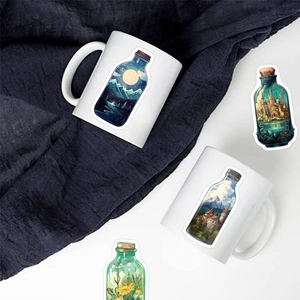 Detail showing fantasy illustration stickers in bottle shapes applied to a white ceramic mug
