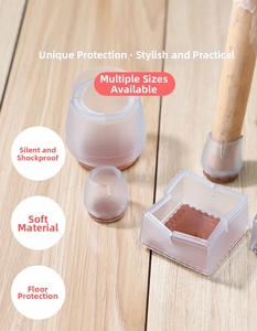 Detail of round and square silicone chair leg protectors with anti-slip felt bottom