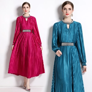 Women Elegant Pleated Maxi Dress Long Sleeve High Waist Rhinestone Beaded Neck Satin Evening Party Gown