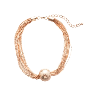 Rose gold multi-layered snake chain necklace with a large polished metal round bead