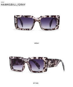 Front and 45-degree side views of tortoise shell square sunglasses with gray lenses