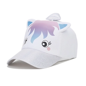 Detail of kids unicorn baseball cap with silver sequin brim and purple gradient pattern