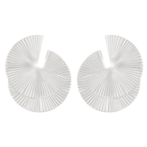 Macro shot of silver pleated fan-shaped earrings with high-polish metallic texture