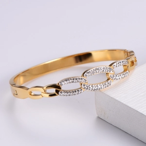 Geometric Chain Link Bangle 316L Stainless Steel 18K Gold Plated Open Cuff Bracelet Rhinestone Inlay Jewelry For Women