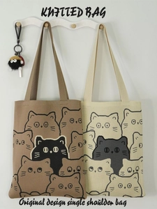 Knitted Tote Bag Polyester Large Capacity Cartoon Cat Panda Pattern Shoulder Handbag Reusable Casual For Women