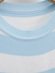 Close-up of the ribbed crew neck and fine knit texture of the blue striped tank top