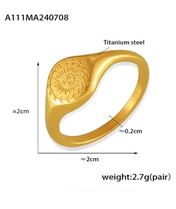 Technical drawing of a 18k gold plated sunflower signet ring with exact size measurements