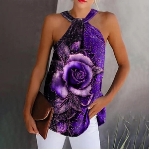 Women's summer halter neck top with purple rose floral print and glitter accents