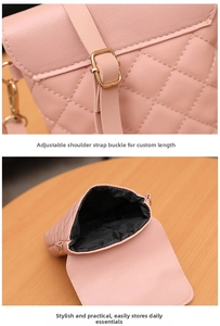 Detailed view of adjustable strap buckle and interior storage of pink quilted phone bag