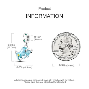 Detailed dimensions of blue Taurus constellation charm with 25-cent coin for size comparison