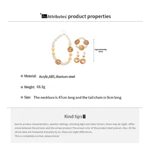 Detailed specs of acrylic jewelry set with 47cm necklace, 9cm extender and 68g weight