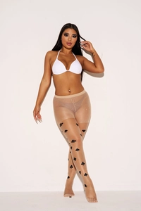 Detail of sheer nude tights with black playing card suits pattern on model