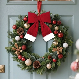 Christmas wreath with red hat bow and festive ornaments hanging on a blue door