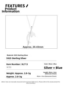 Detail of S925 sterling silver dolphin pendant showing 20.43mm size and chain length