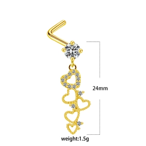 Clou de nez coeur doré avec zircon rond et cristaux pavés étincelants